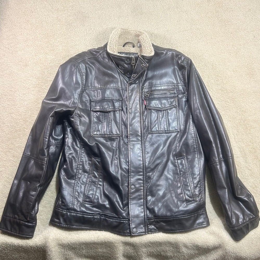 Levis Mens Faux Leather Sherpa‎ Lined Bomber Trucker Jacket Brown Size L